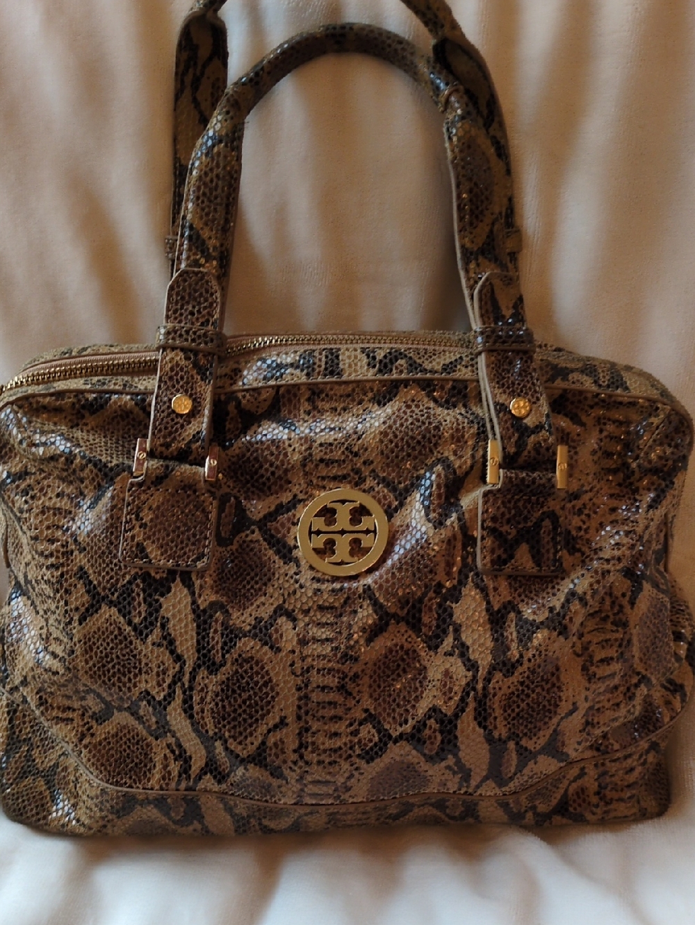 Tory Burch Brown Snake-Print Satchel with Gold Logo Hardware